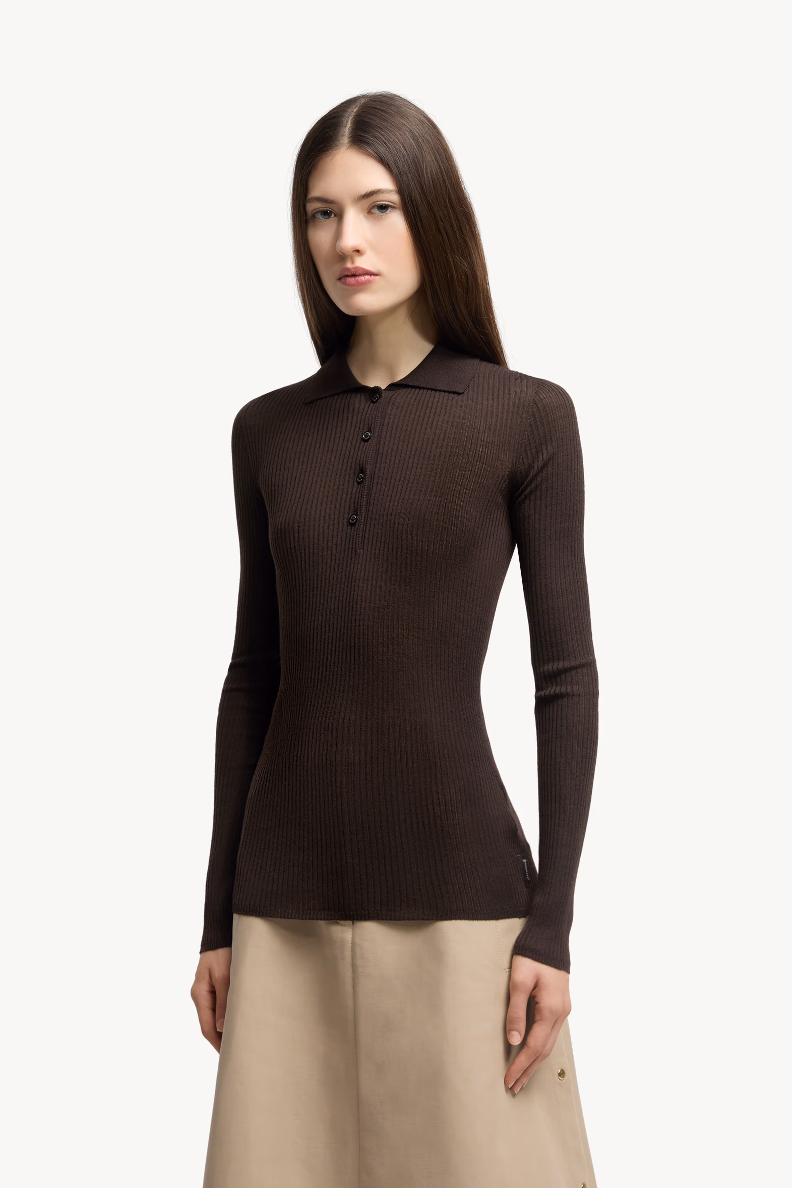 Wool Long Sleeve Polo Shirt Women Brown Moncler 3
